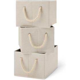 Foldable Storage Bins With Rope Handles, Large Linen Closet Organizers, 3-Pack, Collapsible Storage Boxes For Home & Bedroom