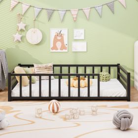Twin Size Floor Bed, Low Profile Metal Platform with Heavy Duty Guardrails, No Box Spring Needed, Black