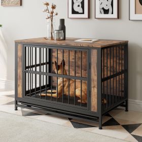 Dog Crate Furniture,  Wooden Dog Crate Table, 38.9" Dog Kennel with 2 Sliding Doors and Thick Iron Door Frame, Decorative Pet Crate House for Large/Me