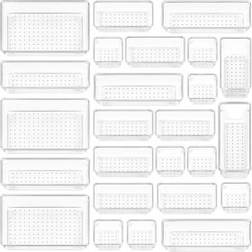 25 Pack Clear Plastic Drawer Organizers, 4 Size Storage Trays For Bathroom, Vanity, Makeup, Bedroom, Kitchen & Office Supplies