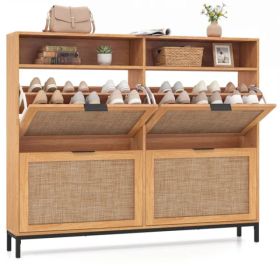 Boho Style Shoe Cabinet Cabinet With 4 Flip Drawers & Open Shelves, Freestanding Shoe Organizer For Entryway (Option: Defaulttitle)