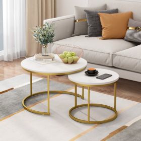 27.6in Nesting Coffee Table Set of 2, Round Coffee Table Wood Marble Pattern Top with Sturdy Metal Frame, End Table Side Tables for Living Room Bedroo (Option: White+Gold)