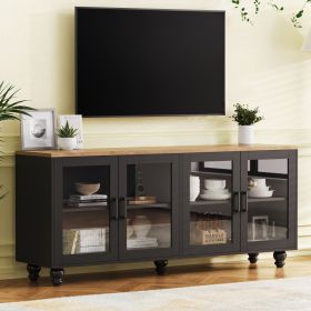 ON-TREND Farmhouse TV Stand With Tempered Glass Doors For TVs Up To 70, Versatile Sideboard With Adjustable Shelves, Elegant Buffet Cabinet With 5 Sol (Option: Black Natural)